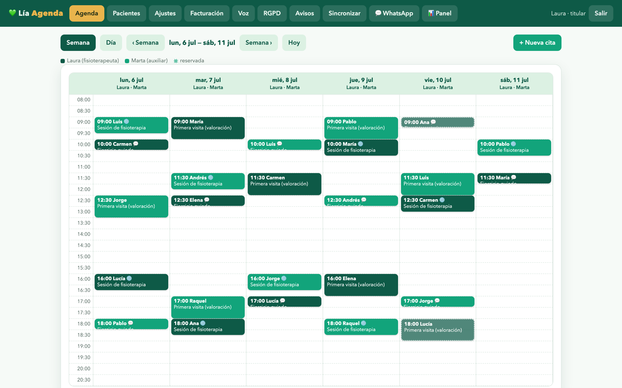 Agenda semanal de Lía con las citas por profesional